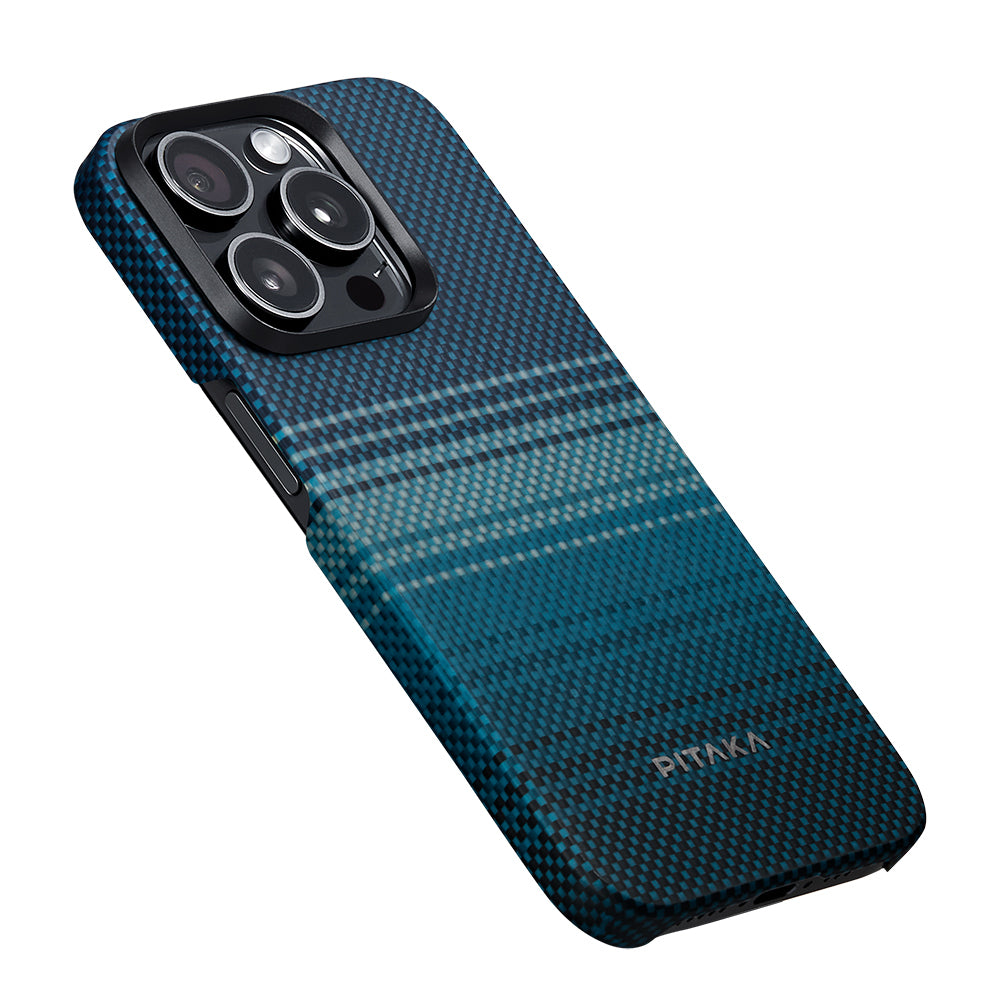 iPhone 15 Pro Max Kılıf M-safe Şarj Özellikli Aramid Karbon Fiber Pitaka Tactile Woven Sunset-Moonrise Serisi Moonrise Kılıf