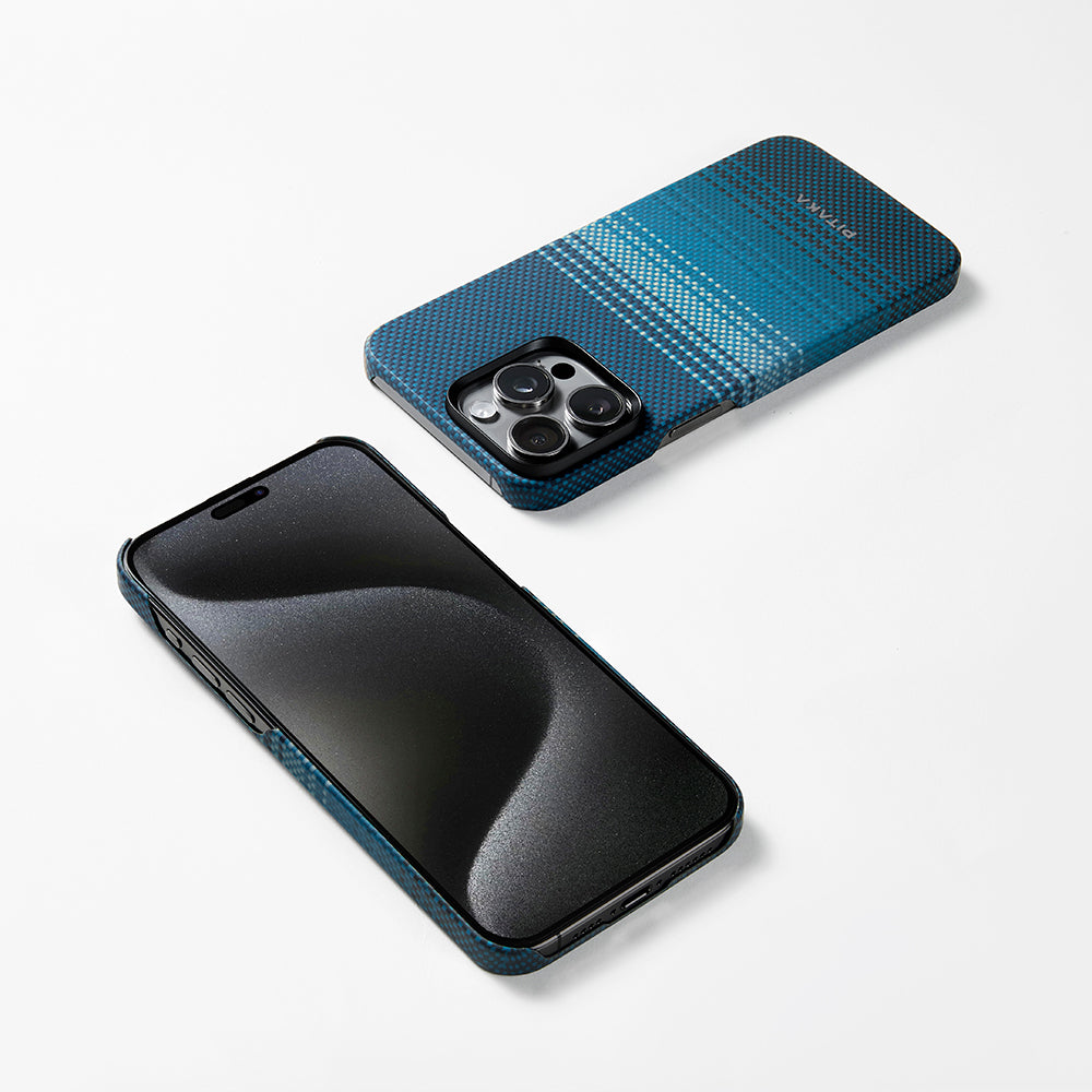 iPhone 15 Pro Max Kılıf M-safe Şarj Özellikli Aramid Karbon Fiber Pitaka Tactile Woven Sunset-Moonrise Serisi Moonrise Kılıf