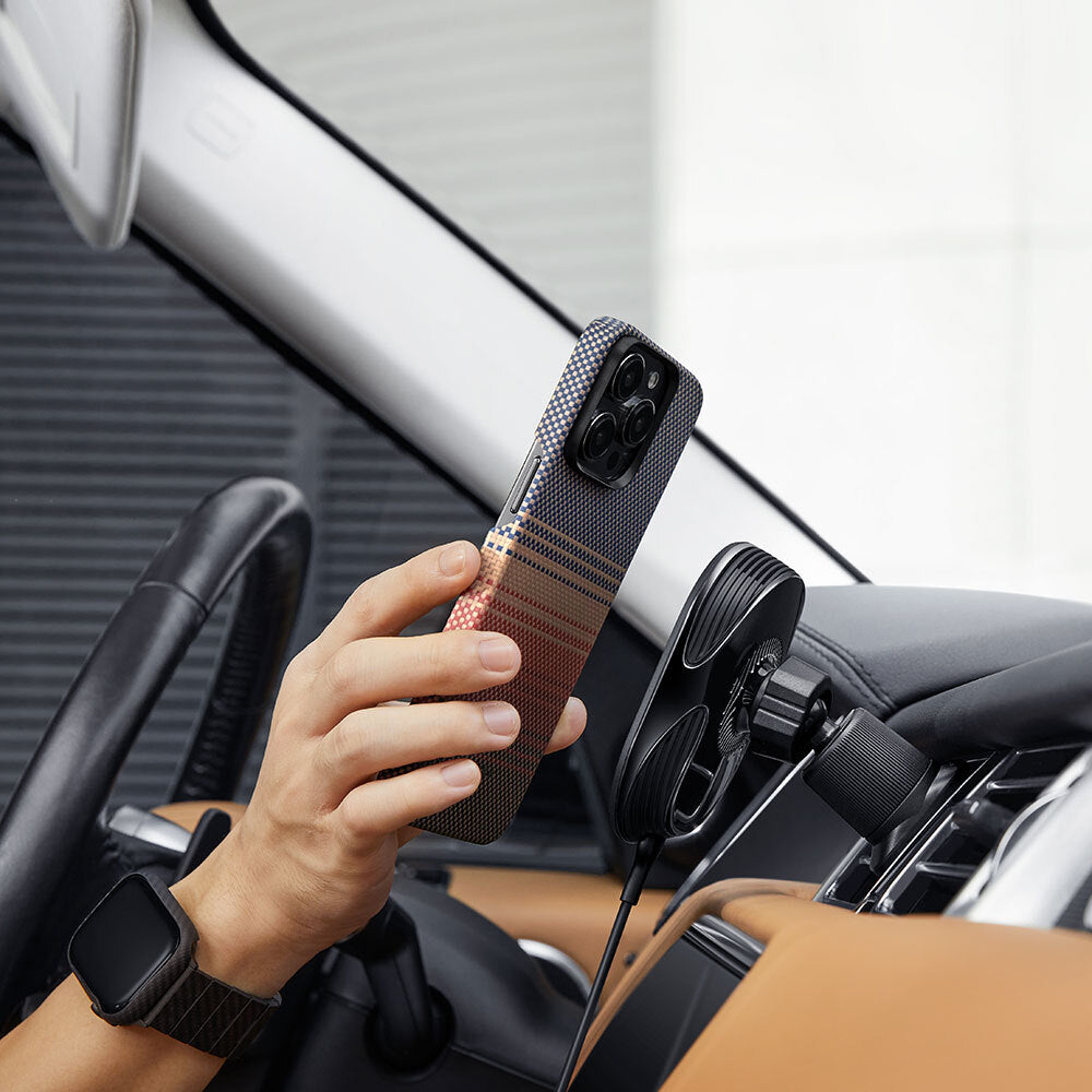 iPhone 15 Pro Max Kılıf M-safe Şarj Özellikli Aramid Fiber Pitaka Tactile Woven Sunset-Moonrise Serisi Sunset Kılıf