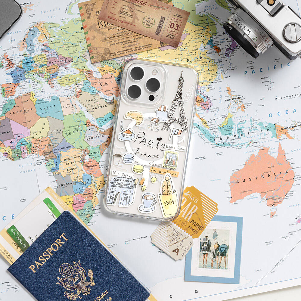 iPhone 15 Pro Max Kılıf M-safe Şarj Özellikli Çizim Desenli Şok Önleyicili Şeffaf Lisanslı Switcheasy City-M Paris Kılıf