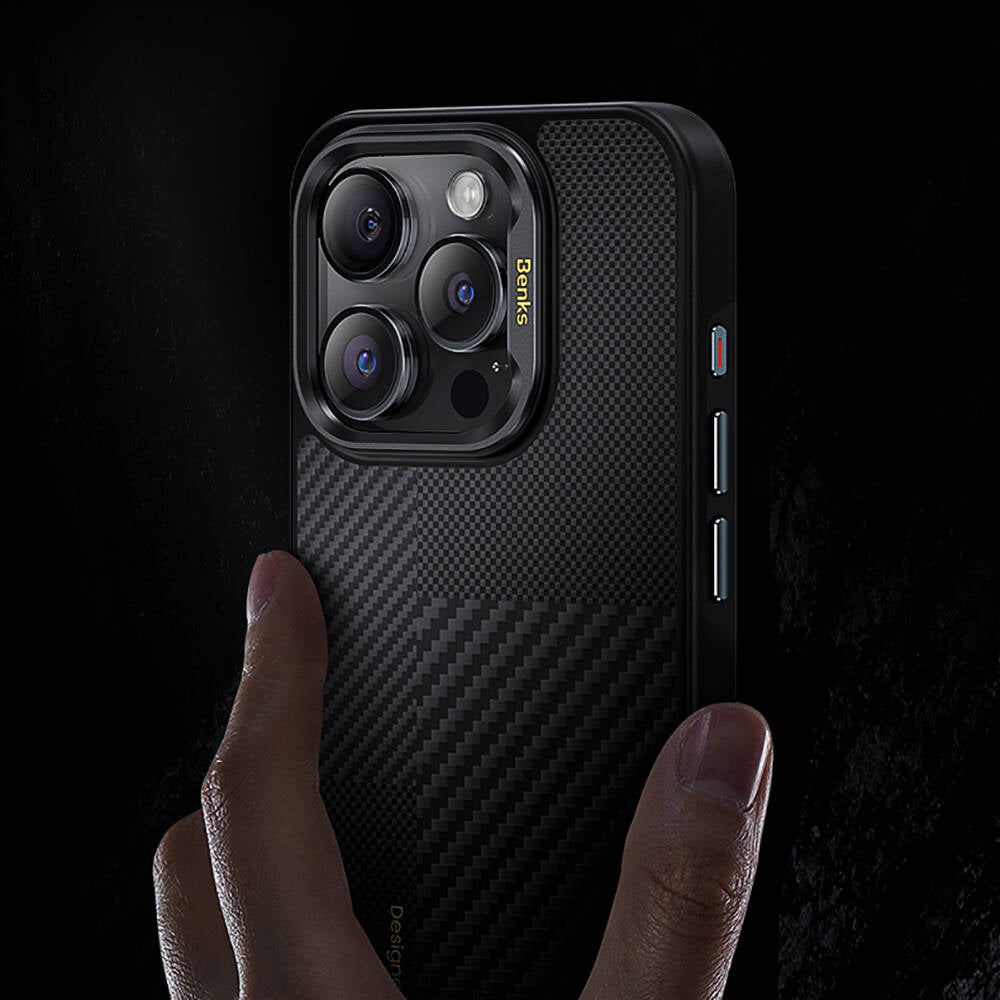 iPhone 15 Pro Max Kılıf M-safe Şarj Özellikli Karbon Fiber Benks Montage Hybrid ArmorPro Kevlar Kılıf