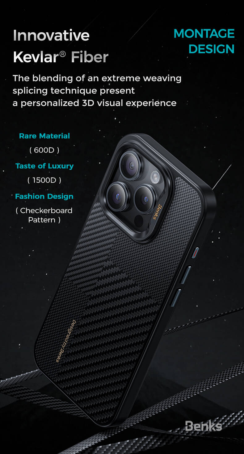 iPhone 15 Pro Max Kılıf M-safe Şarj Özellikli Karbon Fiber Benks Montage Hybrid ArmorPro Kevlar Kılıf