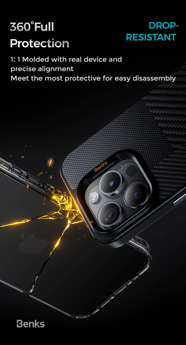 iPhone 15 Pro Max Kılıf M-safe Şarj Özellikli Karbon Fiber Benks Montage Hybrid ArmorPro Kevlar Kılıf