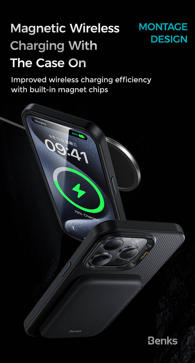 iPhone 15 Pro Max Kılıf M-safe Şarj Özellikli Karbon Fiber Benks Montage Hybrid ArmorPro Kevlar Kılıf