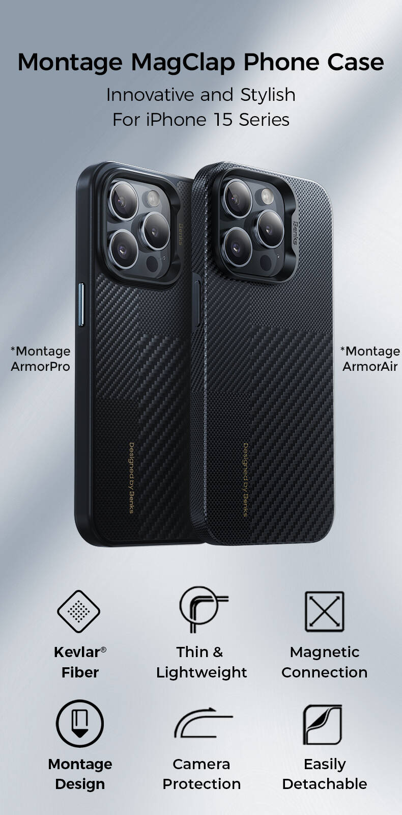 iPhone 15 Pro Max Kılıf M-safe Şarj Özellikli Karbon Fiber Benks Montage Hybrid ArmorPro Kevlar Kılıf