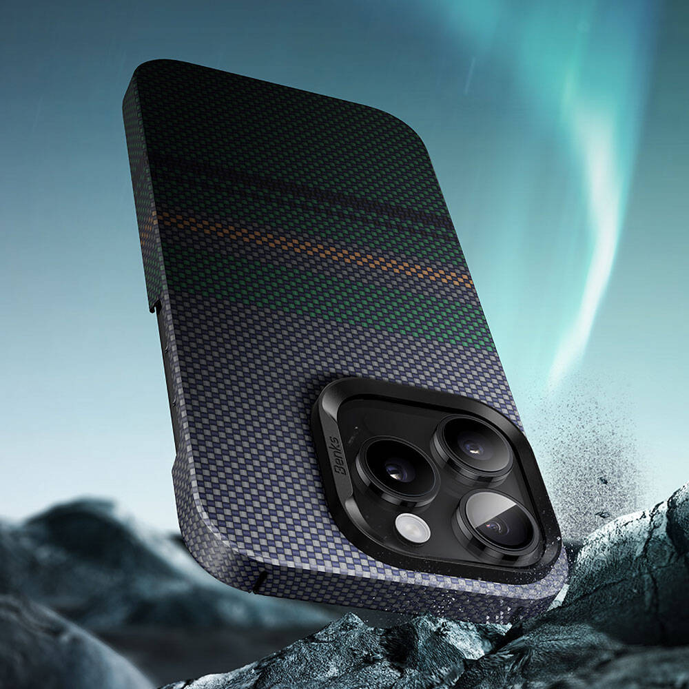 iPhone 15 Pro Max Kılıf M-safe Şarj Özellikli Karbon Fiber Tasarımlı Benks Aurora ArmorAir Kevlar Kılıf