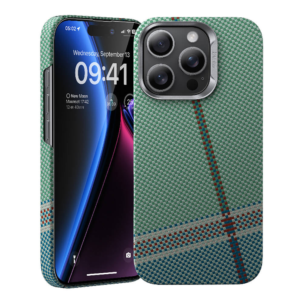 iPhone 15 Pro Max Kılıf M-safe Şarj Özellikli Karbon Fiber Tasarımlı Benks Passion Green ArmorAir Kevlar Kılıf