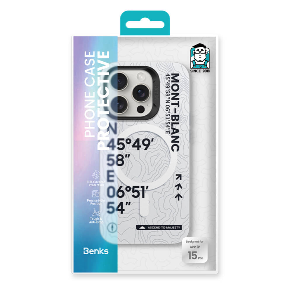 iPhone 15 Pro Max Kılıf M-safe Şarj Özellikli Koordinat Yazı Desenli Benks Summit Serisi Kılıf