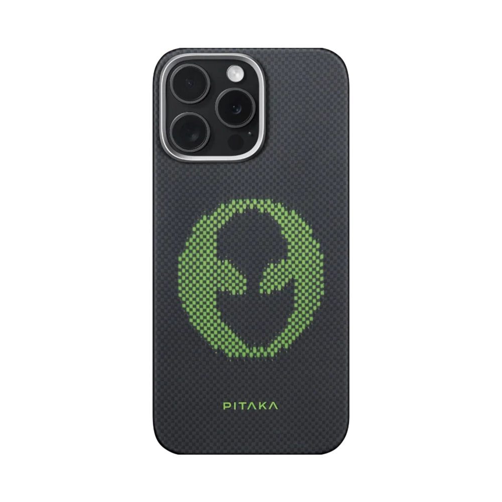 iPhone 15 Pro Max Kılıf M-safe Şarj Özellikli Lumintex Teknolojili Fosforlu Aramid Karbon Fiber Pitaka Tactile Woven Aries Serisi Kılıf