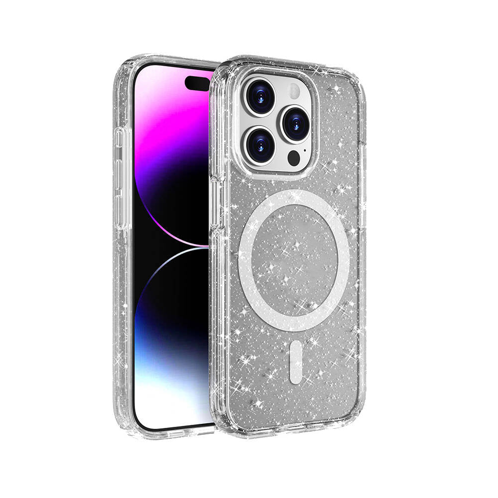 iPhone 15 Pro Max Kılıf M-safe Şarj Özellikli Parlayan Simli Saydam Renkli Zore Allstar Kılıf