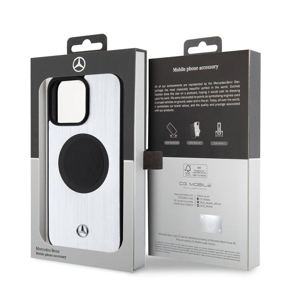 iPhone 15 Pro Max Kılıf Mercedes Benz Orijinal Lisanslı M-safe Şarj Özellikli Alüminyum Arka Yüzey Metal Yıldız Logolu Kılıf