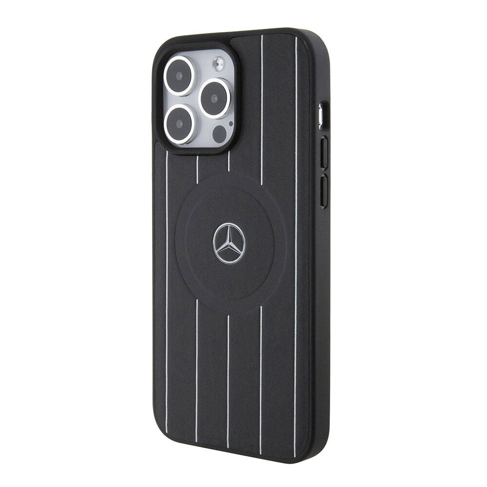 iPhone 15 Pro Max Kılıf Mercedes Benz Orijinal Lisanslı M-safe Şarj Özellikli Baskı Logolu Paralel Çizgi Desenli Deri Kılıf