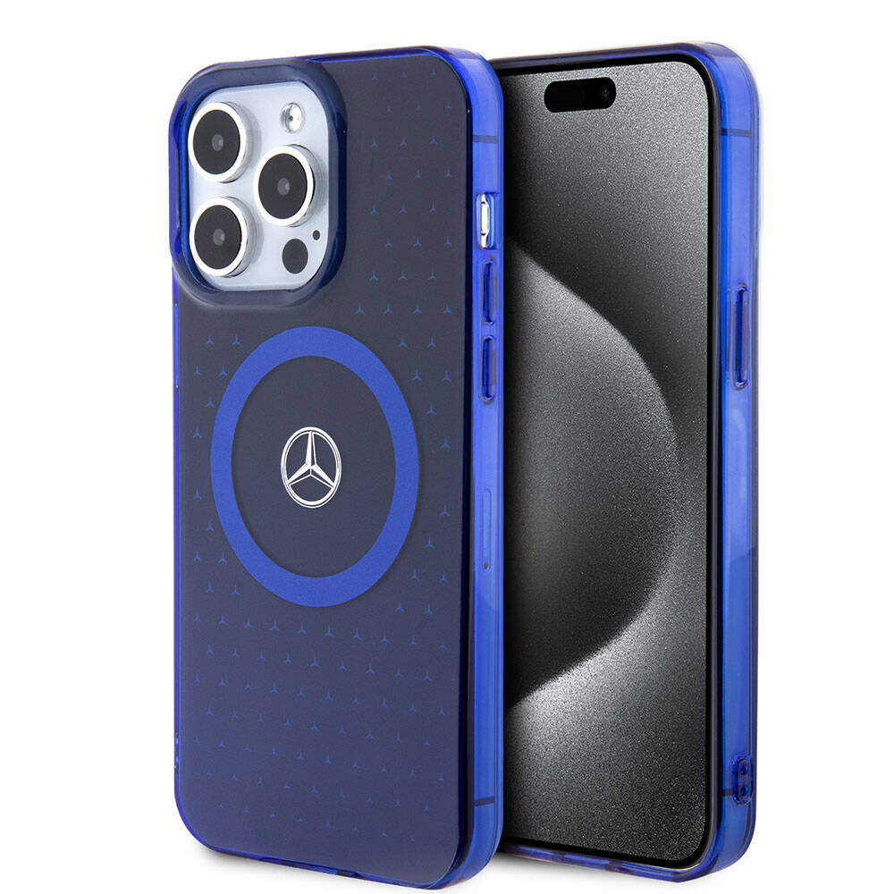iPhone 15 Pro Max Kılıf Mercedes Benz Orijinal Lisanslı M-safe Şarj Özellikli Çift Katmanlı Mavi Yıldız Desenli Kılıf