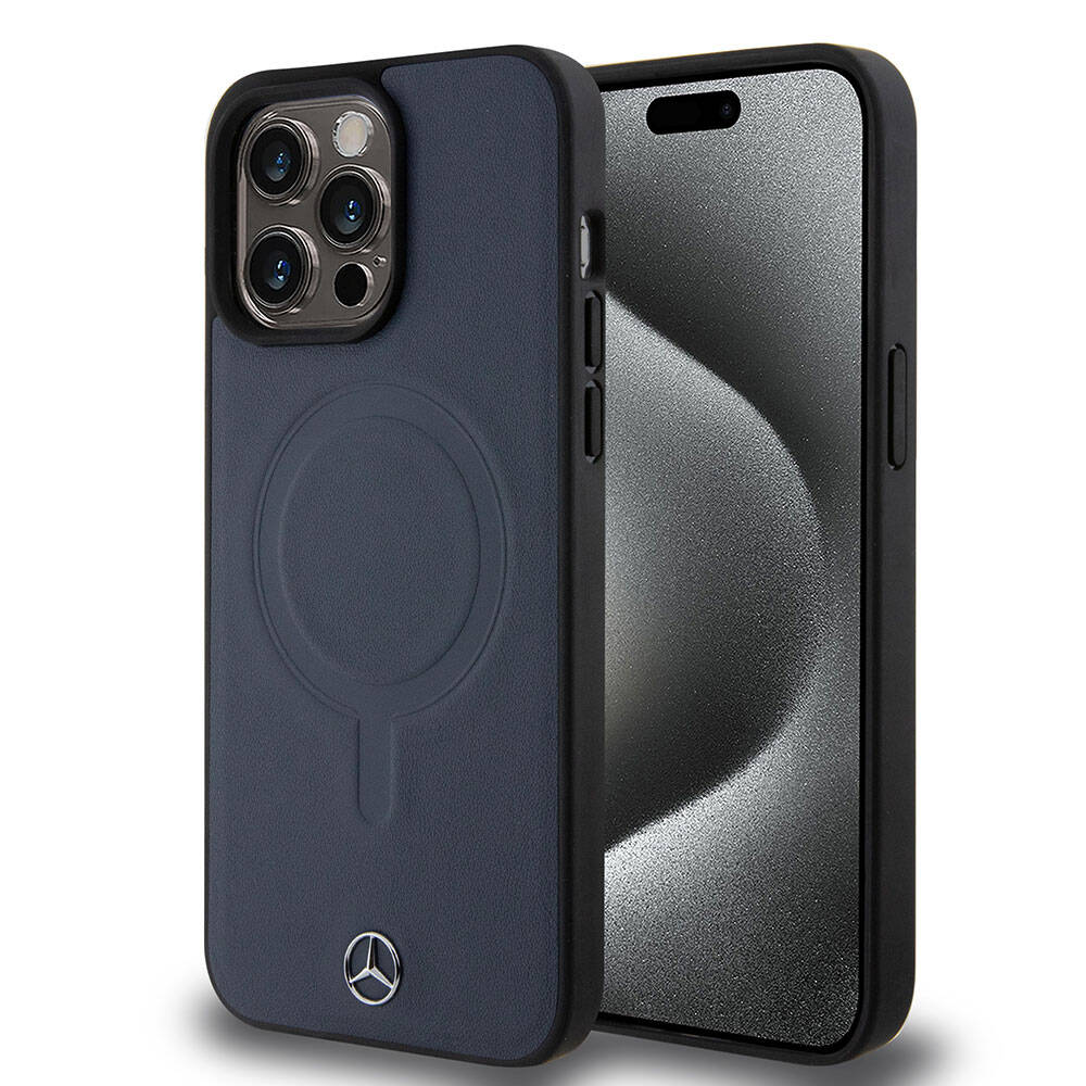 iPhone 15 Pro Max Kılıf Mercedes Benz Orijinal Lisanslı M-safe Şarj Özellikli Metal Yıldız Logolu Pürüzsüz Deri Kılıf