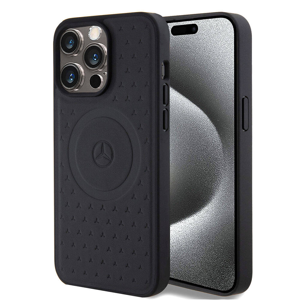iPhone 15 Pro Max Kılıf Mercedes Benz Orijinal Lisanslı M-safe Şarj Özellikli Mühürlü Yıldız Desenli ve Logolu Deri Kılıf