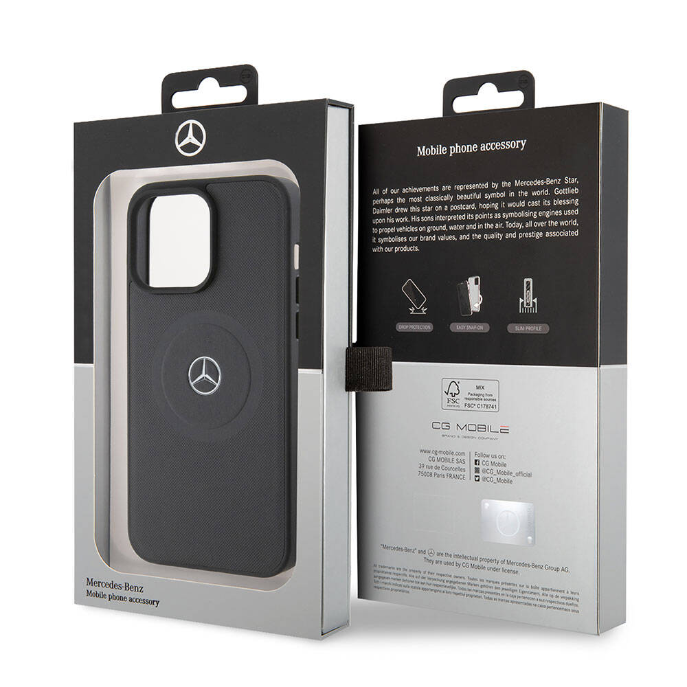 iPhone 15 Pro Max Kılıf Mercedes Benz Orijinal Lisanslı M-safe Şarj Özellikli Pike Desenli Baskı Logolu Deri Kılıf