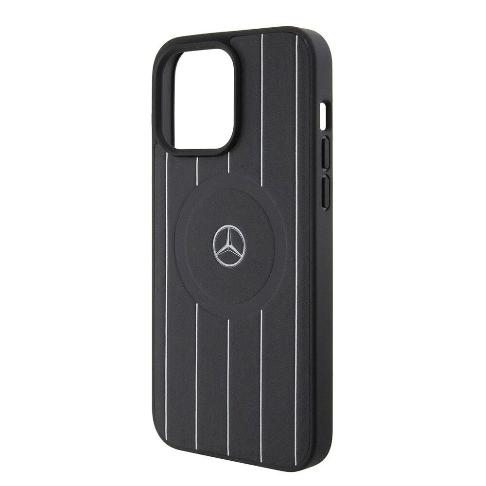 iPhone 15 Pro Max Kılıf Mercedes Benz orijinal Lisanslı M-safe Şarj Özellikli Baskı Logolu Paralel Çizgi Desenli Deri Kılıf
