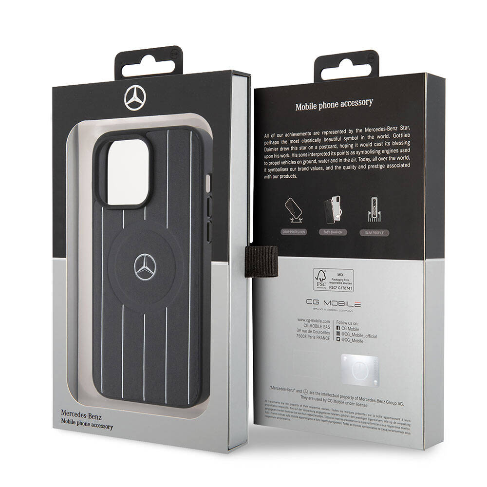 iPhone 15 Pro Max Kılıf Mercedes Benz orijinal Lisanslı M-safe Şarj Özellikli Baskı Logolu Paralel Çizgi Desenli Deri Kılıf