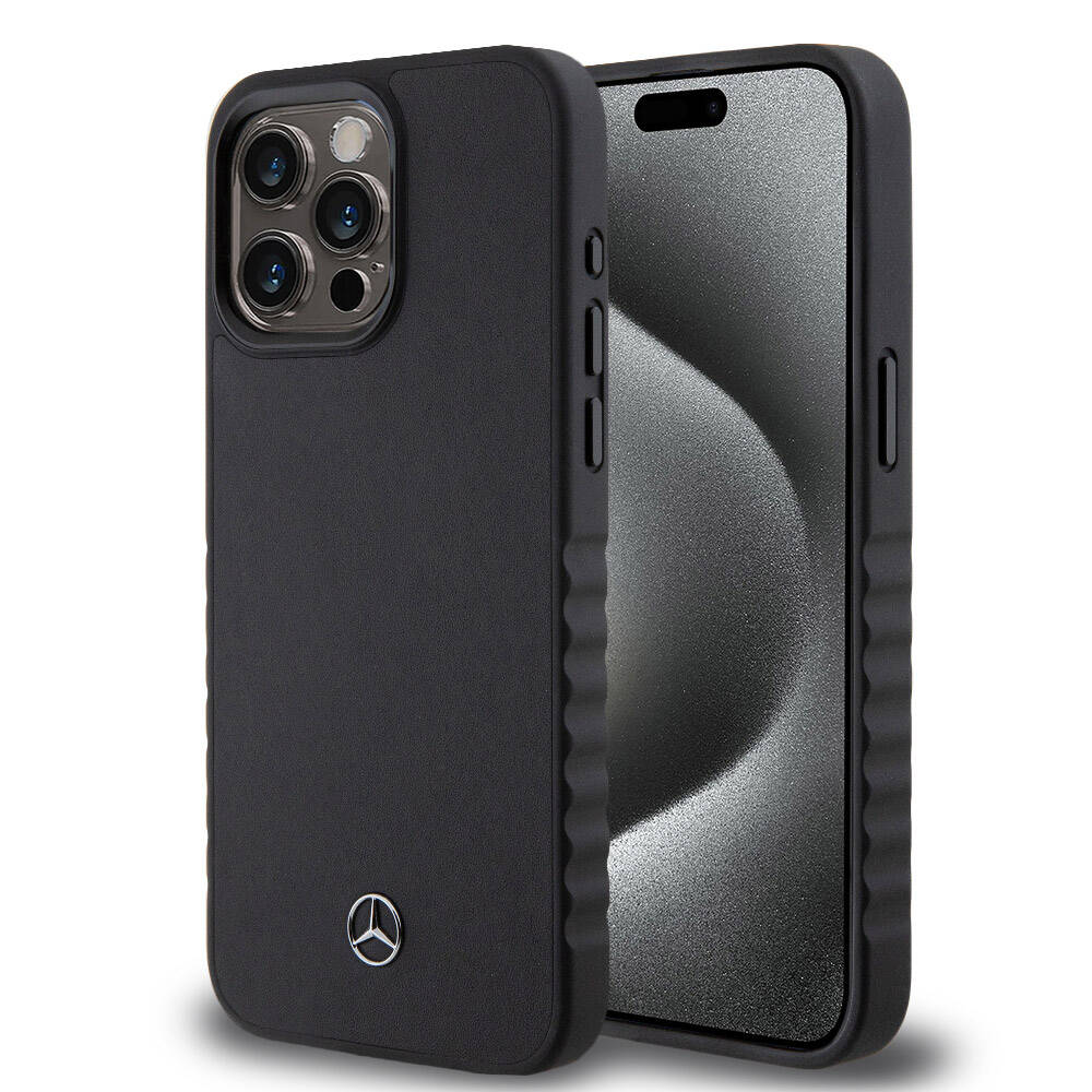 iPhone 15 Pro Max Kılıf Mercedes Benz OrijinalLisanslı Tırtıklı Kenar Tasarımlı Metal Yıldız Logolu Pürüzsüz Hakiki Deri Kılıf