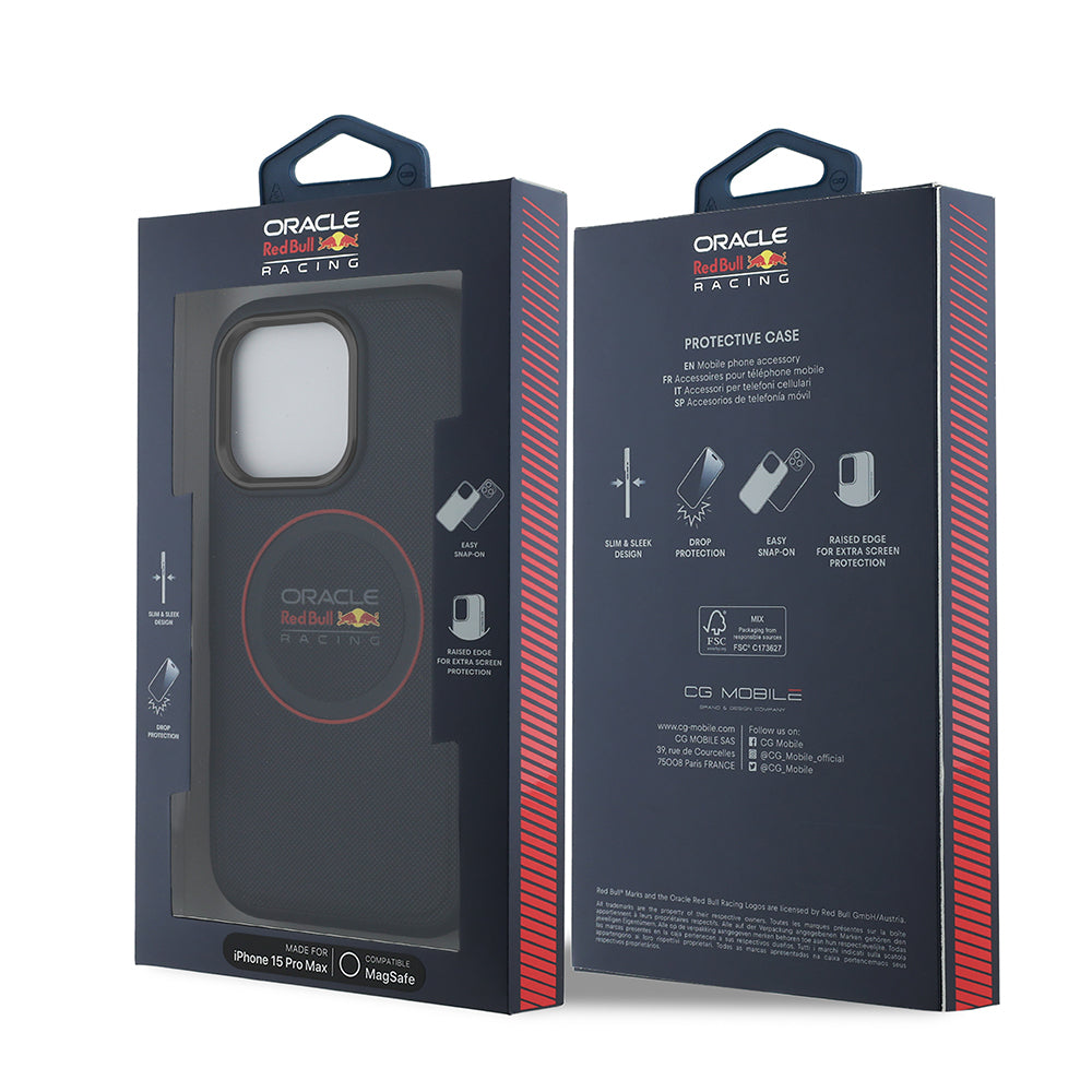 iPhone 15 Pro Max Kılıf Redbull Orijinal Lisanslı M-safe Şarj Özellikli Kırmızı Halka ve Logo Kabartmalı PU Deri Kılıf
