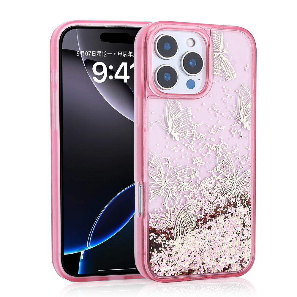 iPhone 15 Pro Max Kılıf Sıvılı Simli Kelebek Baskılı Şeffaf Arka Yüzey Zore Glis Silikon Kılıf
