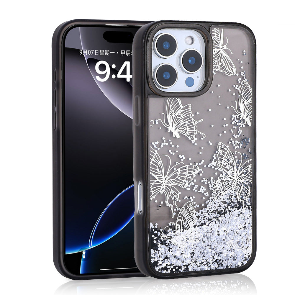 iPhone 15 Pro Max Kılıf Sıvılı Simli Kelebek Baskılı Şeffaf Arka Yüzey Zore Glis Silikon Kılıf