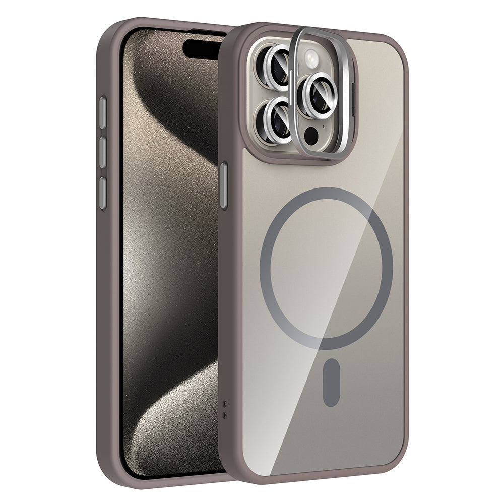 iPhone 15 Pro Max Kılıf Standlı ve Kamera Lens Hediyeli M-Safe Şarj Özellikli Zore Etro Kılıf