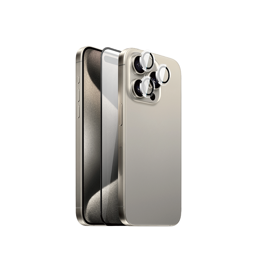iPhone 15 Pro Wiwu Wi-IP002 2in1 Temperli Cam Ahize Toz Önleyici Ekran Koruyucu ve Kamera Lens Koruyucu Set