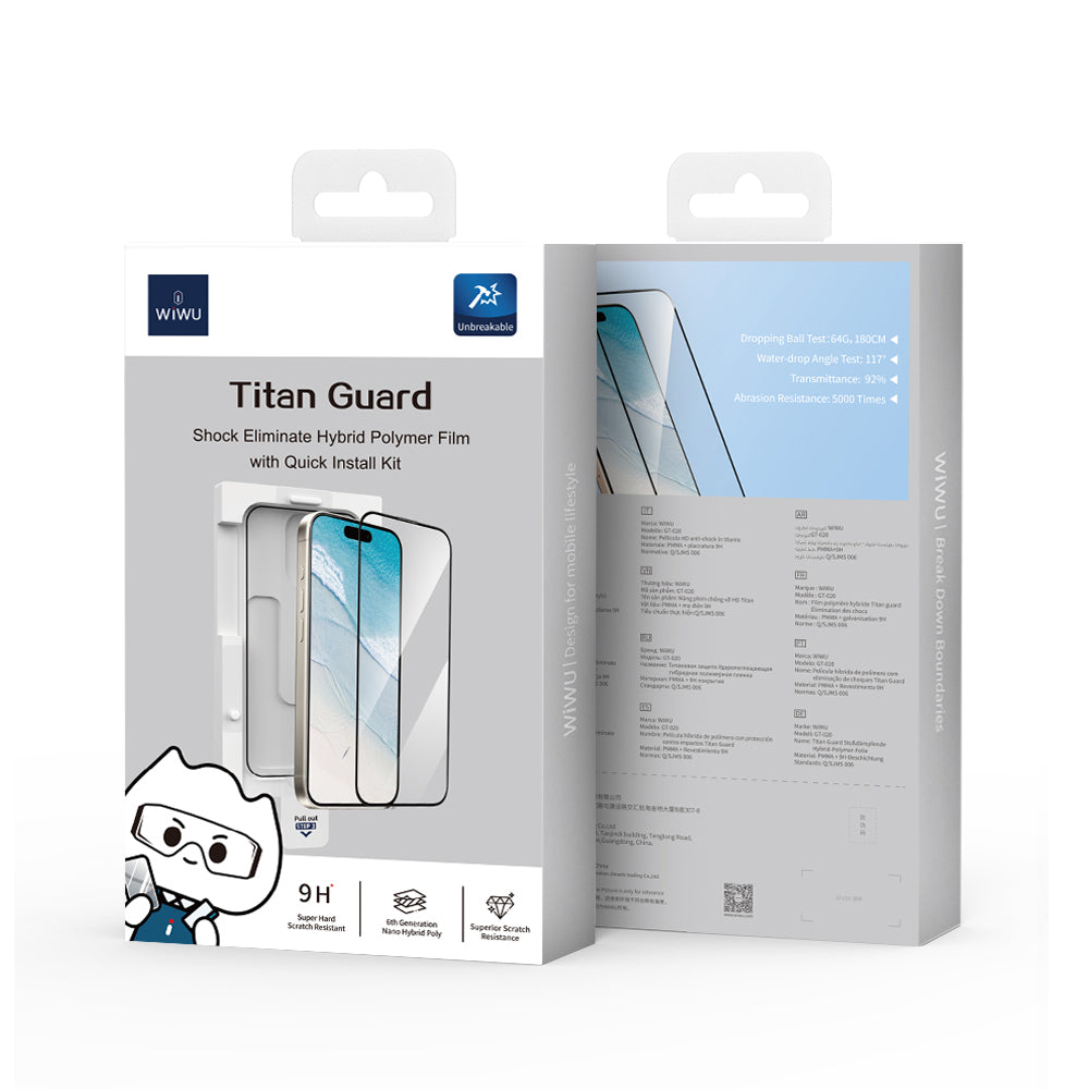 iPhone 15 Wiwu GT-020 Titan Guard Serisi Şok Emici Hibrit Polimer HD Şeffaf Ekran Koruyucu Film + Kolay Uygulama Aparatı