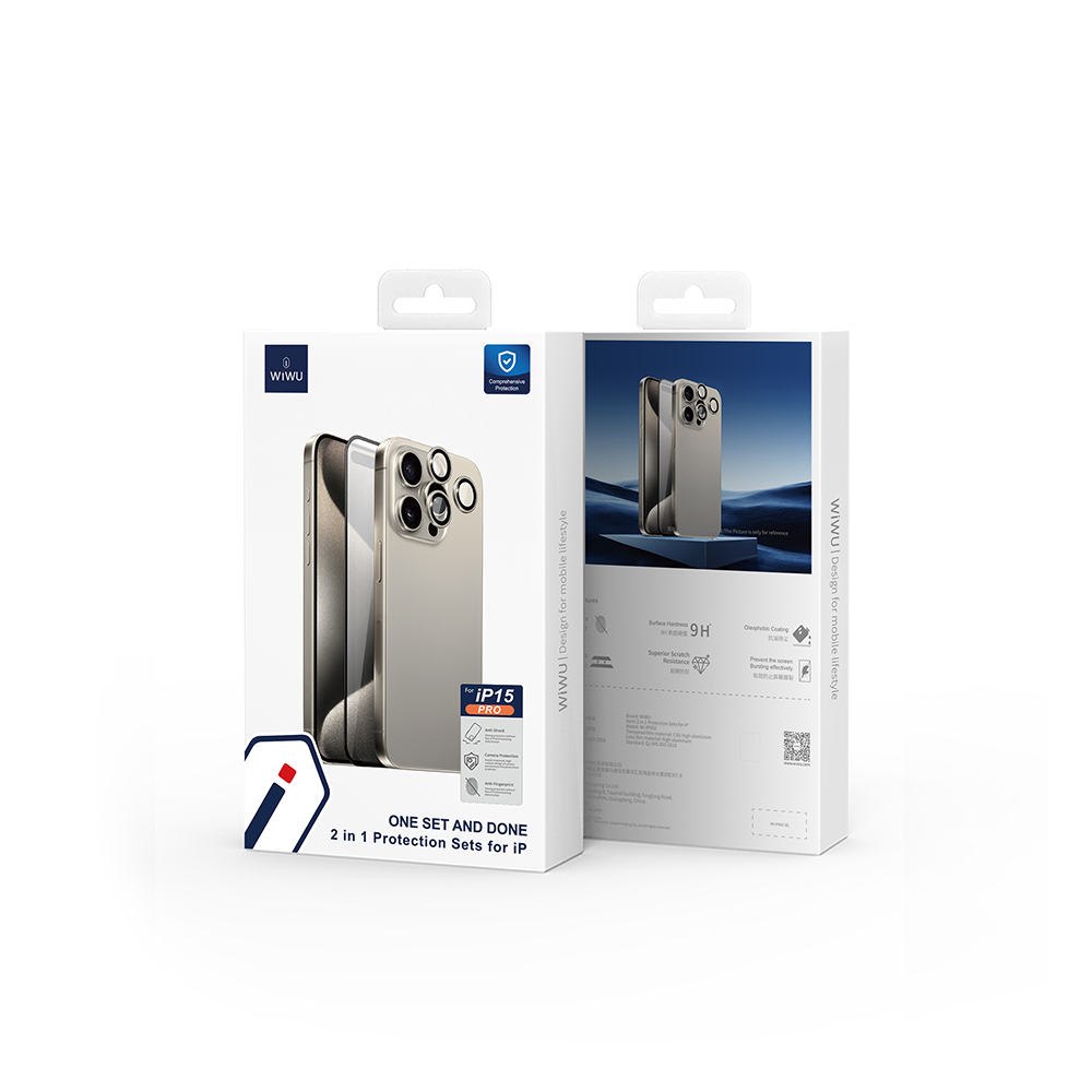 iPhone 15 Wiwu Wi-IP002 2in1 Temperli Cam Ahize Toz Önleyici Ekran Koruyucu ve Kamera Lens Koruyucu Set