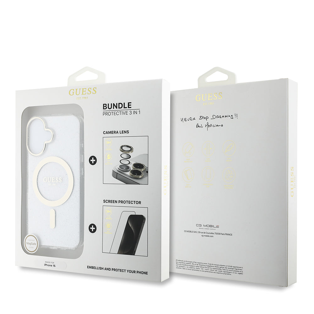 iPhone 16 Guess Orijinal Lisanslı 3'lü Aksesuar Seti IML Baskılı Simli Glitter Kılıf + Ekran Koruyucu + Lens Koruyucu