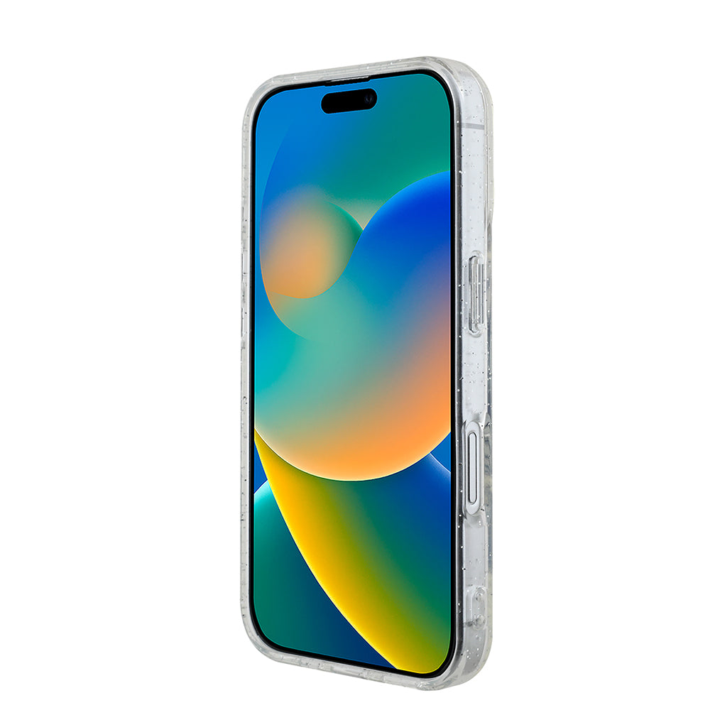 iPhone 16 Guess Orijinal Lisanslı 3'lü Aksesuar Seti IML Baskılı Simli Glitter Kılıf + Ekran Koruyucu + Lens Koruyucu