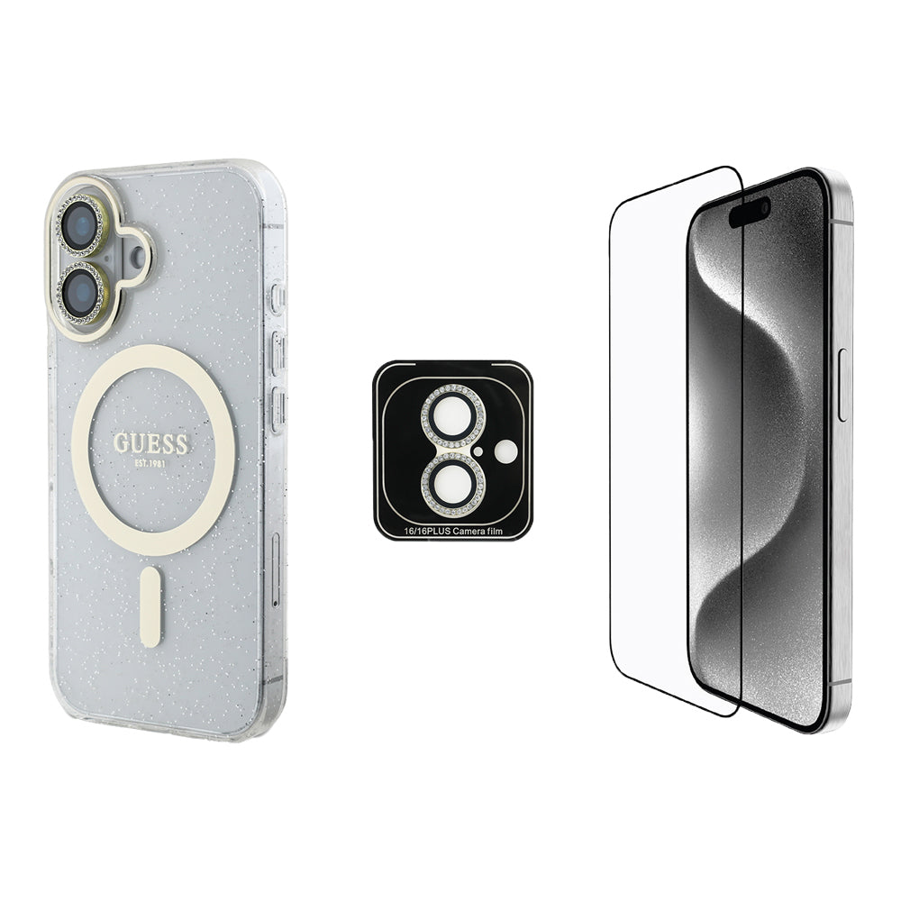 iPhone 16 Guess Orijinal Lisanslı 3'lü Aksesuar Seti IML Baskılı Simli Glitter Kılıf + Ekran Koruyucu + Lens Koruyucu