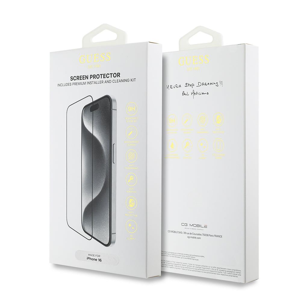 iPhone 16 Guess Orijinal Lisanslı Temperli Cam Ekran Koruyucu Uygulama Aparatlı Outline Serisi