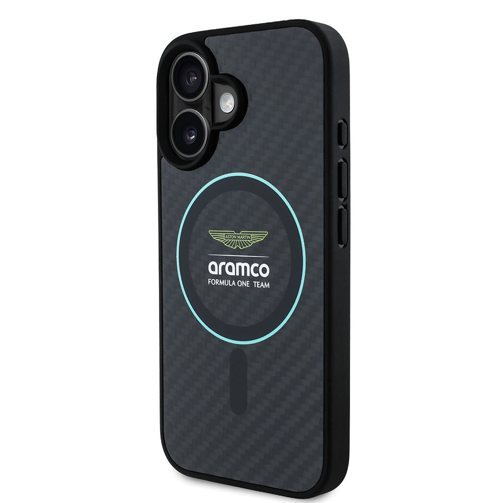 iPhone 16 Kılıf Aston Martin Orijinal Lisanslı M-safe Şarj Özellikli Renkli Halka ve Karbon Fiber Tasarımlı Kılıf