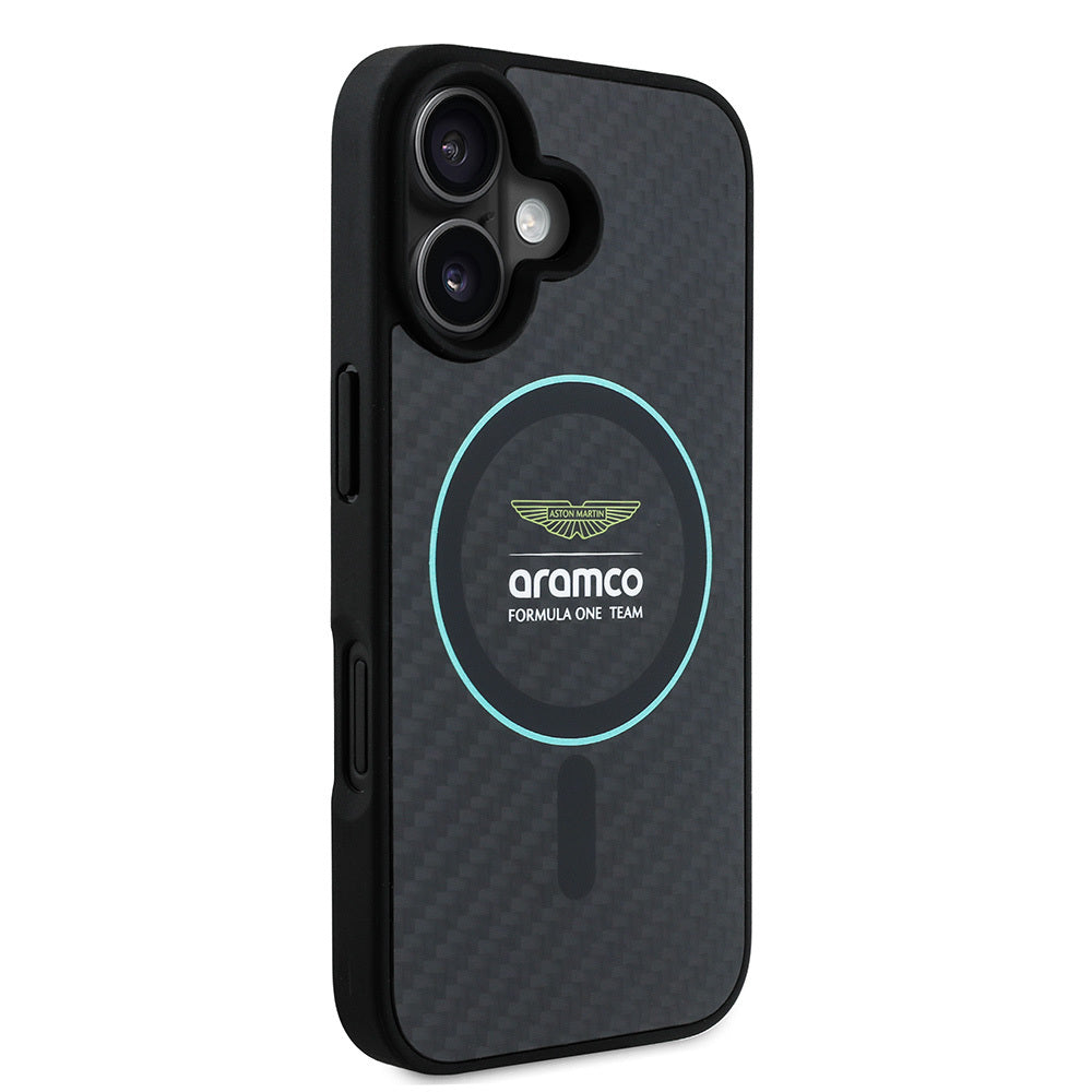 iPhone 16 Kılıf Aston Martin Orijinal Lisanslı M-safe Şarj Özellikli Renkli Halka ve Karbon Fiber Tasarımlı Kılıf