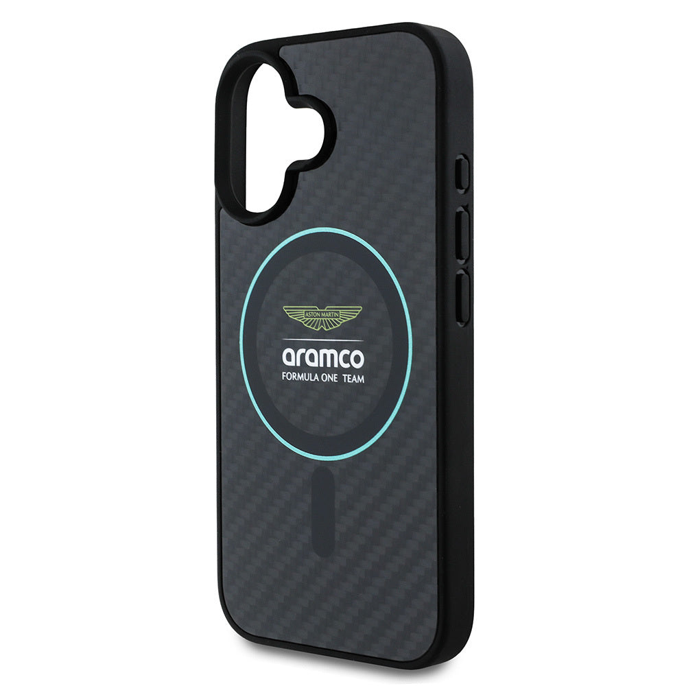 iPhone 16 Kılıf Aston Martin Orijinal Lisanslı M-safe Şarj Özellikli Renkli Halka ve Karbon Fiber Tasarımlı Kılıf