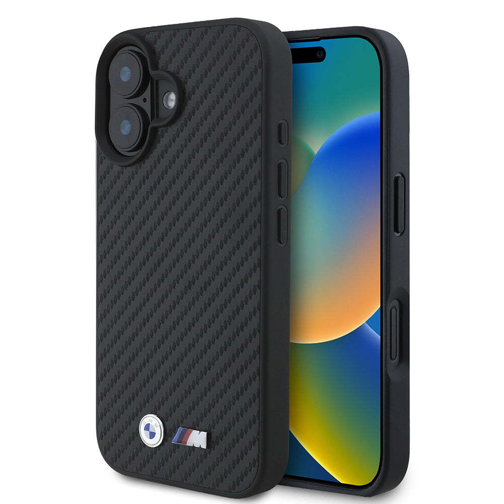 iPhone 16 Kılıf BMW Orijinal Lisanslı Karbon Fiber Tasarımlı ve Metal Logolu PU Deri Kılıf