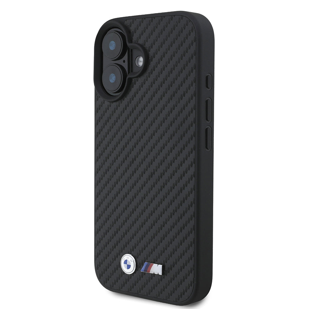 iPhone 16 Kılıf BMW Orijinal Lisanslı Karbon Fiber Tasarımlı ve Metal Logolu PU Deri Kılıf