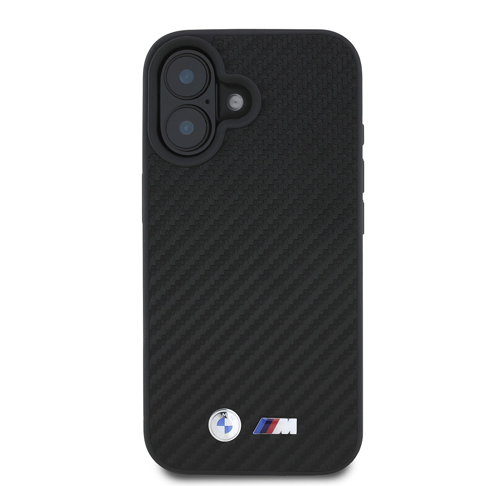 iPhone 16 Kılıf BMW Orijinal Lisanslı Karbon Fiber Tasarımlı ve Metal Logolu PU Deri Kılıf