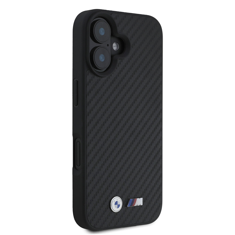 iPhone 16 Kılıf BMW Orijinal Lisanslı Karbon Fiber Tasarımlı ve Metal Logolu PU Deri Kılıf