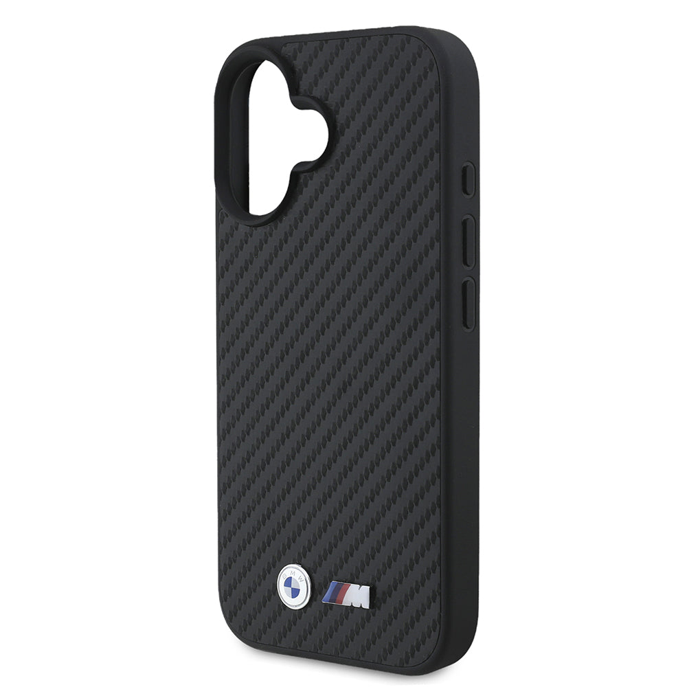 iPhone 16 Kılıf BMW Orijinal Lisanslı Karbon Fiber Tasarımlı ve Metal Logolu PU Deri Kılıf
