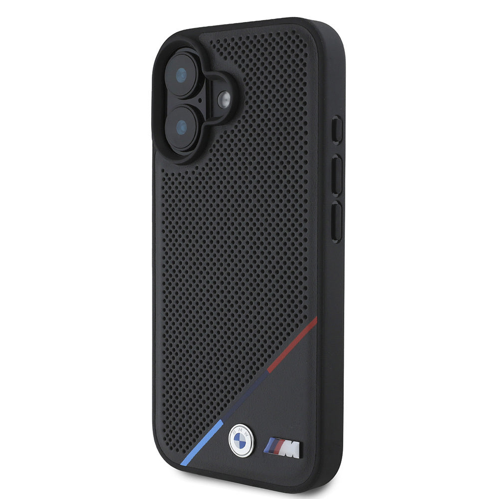 iPhone 16 Kılıf BMW Orijinal Lisanslı M-safe Şarj Özellikli M Logolu Üç Çizgili Delikli Deri Kılıf