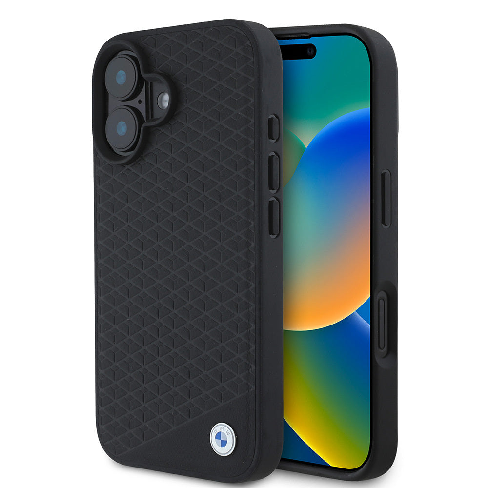 iPhone 16 Kılıf BMW Orijinal Lisanslı M-safe Şarj Özellikli Metal Logolu Dokulu Diamond Deri Kılıf