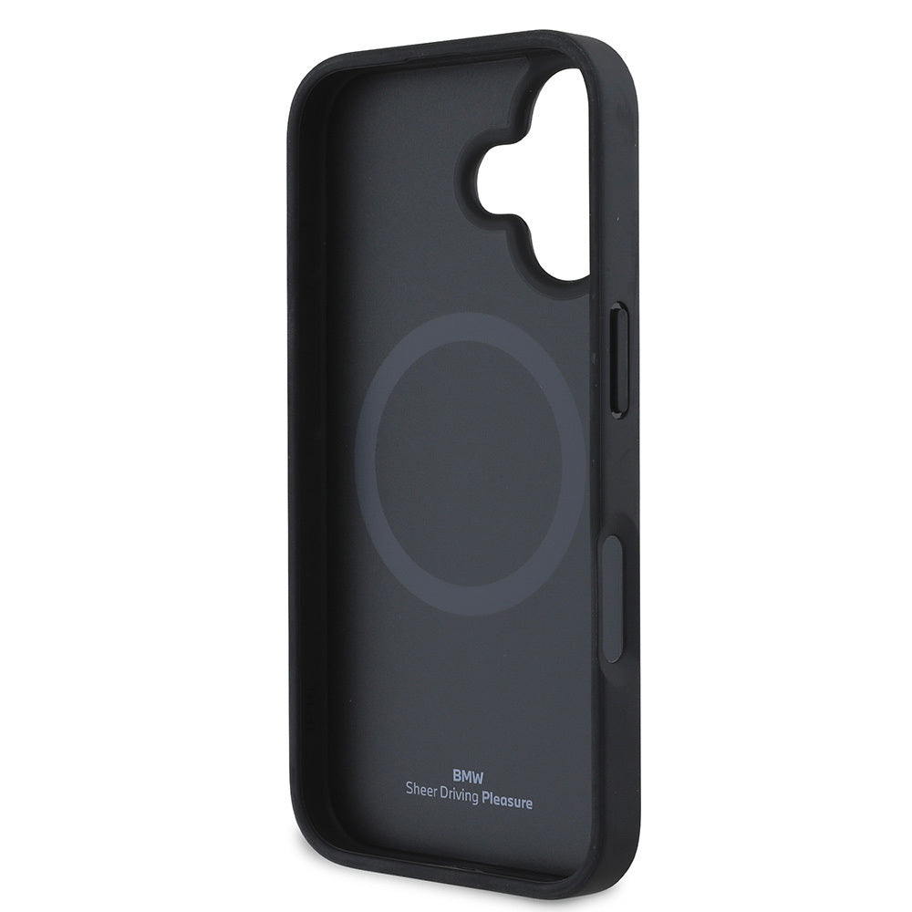 iPhone 16 Kılıf BMW Orijinal Lisanslı M-safe Şarj Özellikli Metal Logolu Dokulu Diamond Deri Kılıf