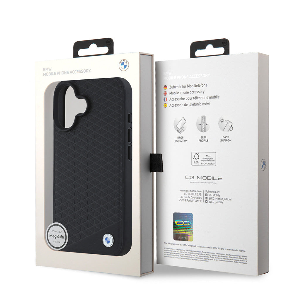 iPhone 16 Kılıf BMW Orijinal Lisanslı M-safe Şarj Özellikli Metal Logolu Dokulu Diamond Deri Kılıf