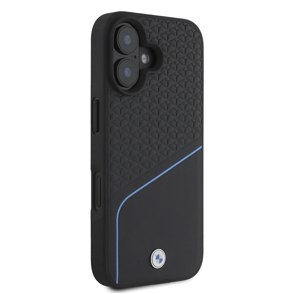 iPhone 16 Kılıf BMW Orijinal Lisanslı M-safe Şarj Özellikli Metal Logolu Dokulu ve Çizgili Deri Kılıf