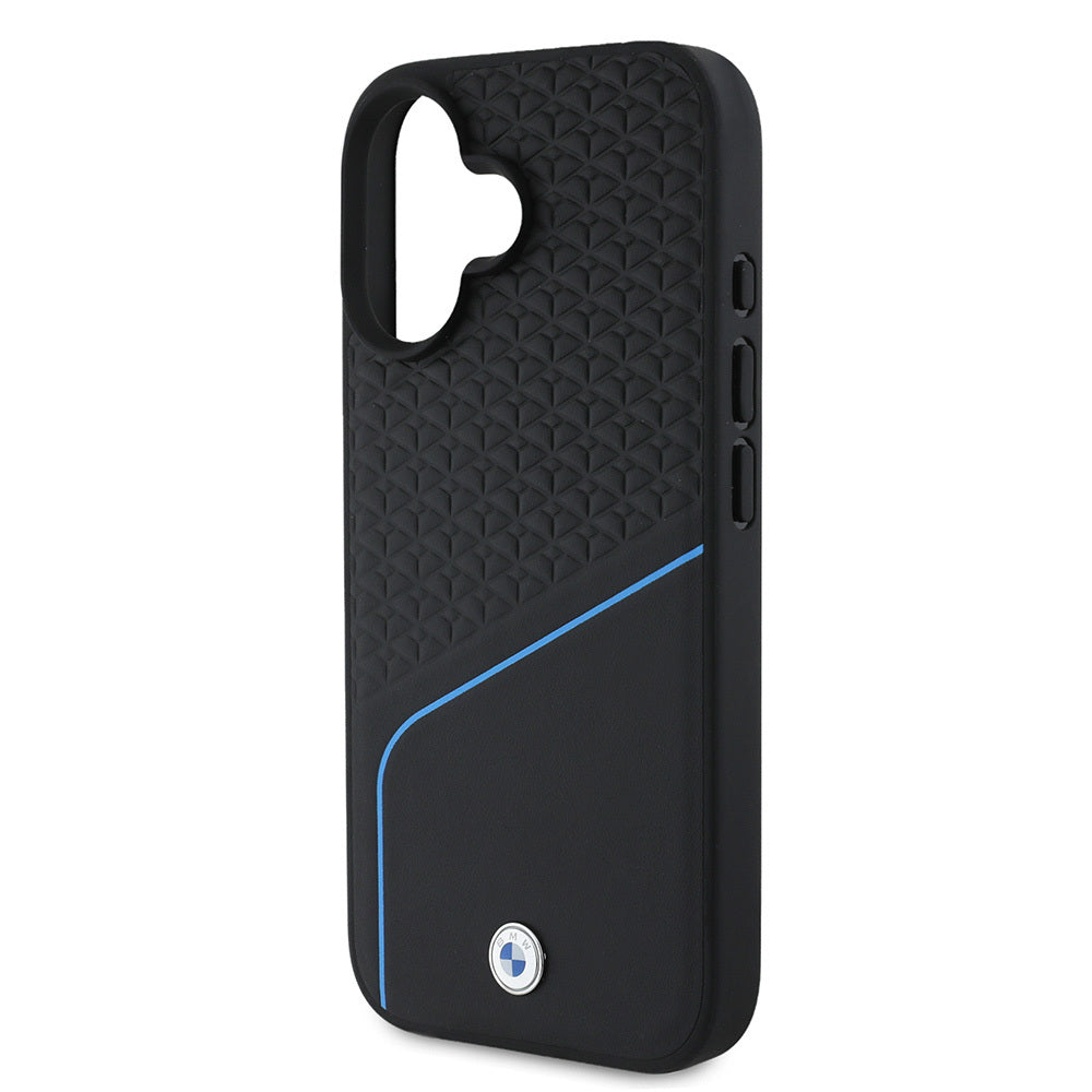 iPhone 16 Kılıf BMW Orijinal Lisanslı M-safe Şarj Özellikli Metal Logolu Dokulu ve Çizgili Deri Kılıf