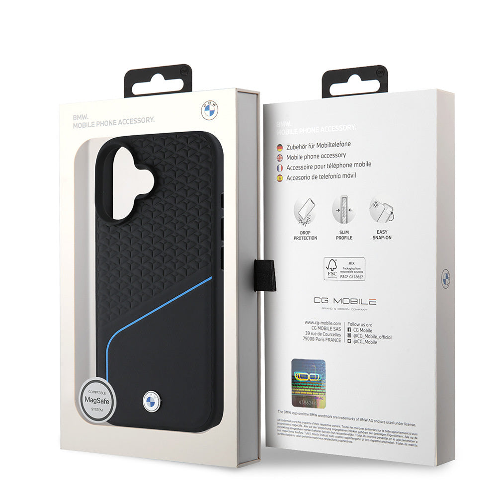 iPhone 16 Kılıf BMW Orijinal Lisanslı M-safe Şarj Özellikli Metal Logolu Dokulu ve Çizgili Deri Kılıf