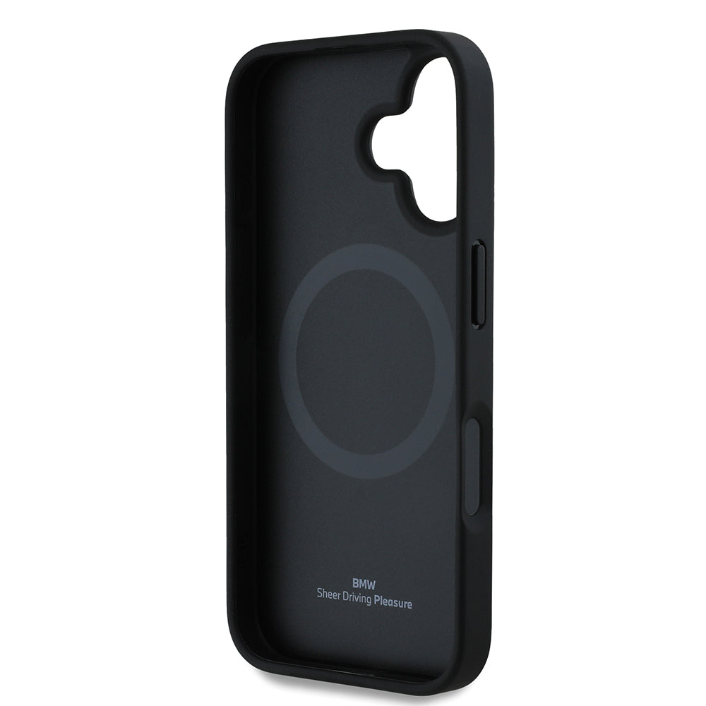 iPhone 16 Kılıf BMW Orijinal Lisanslı M-safe Şarj Özellikli Metal Logolu Dokulu ve Çizgili Deri Kılıf